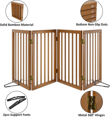 Wooden Dog Gate Freestanding Foldable 4 Panel Pet Gates Extra Wide Dog Gates for Indoor Doorways Stairs 24in Height Support Feet Included