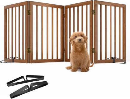 Wooden Dog Gate Freestanding Foldable 4 Panel Pet Gates Extra Wide Dog Gates for Indoor Doorways Stairs 24in Height Support Feet Included