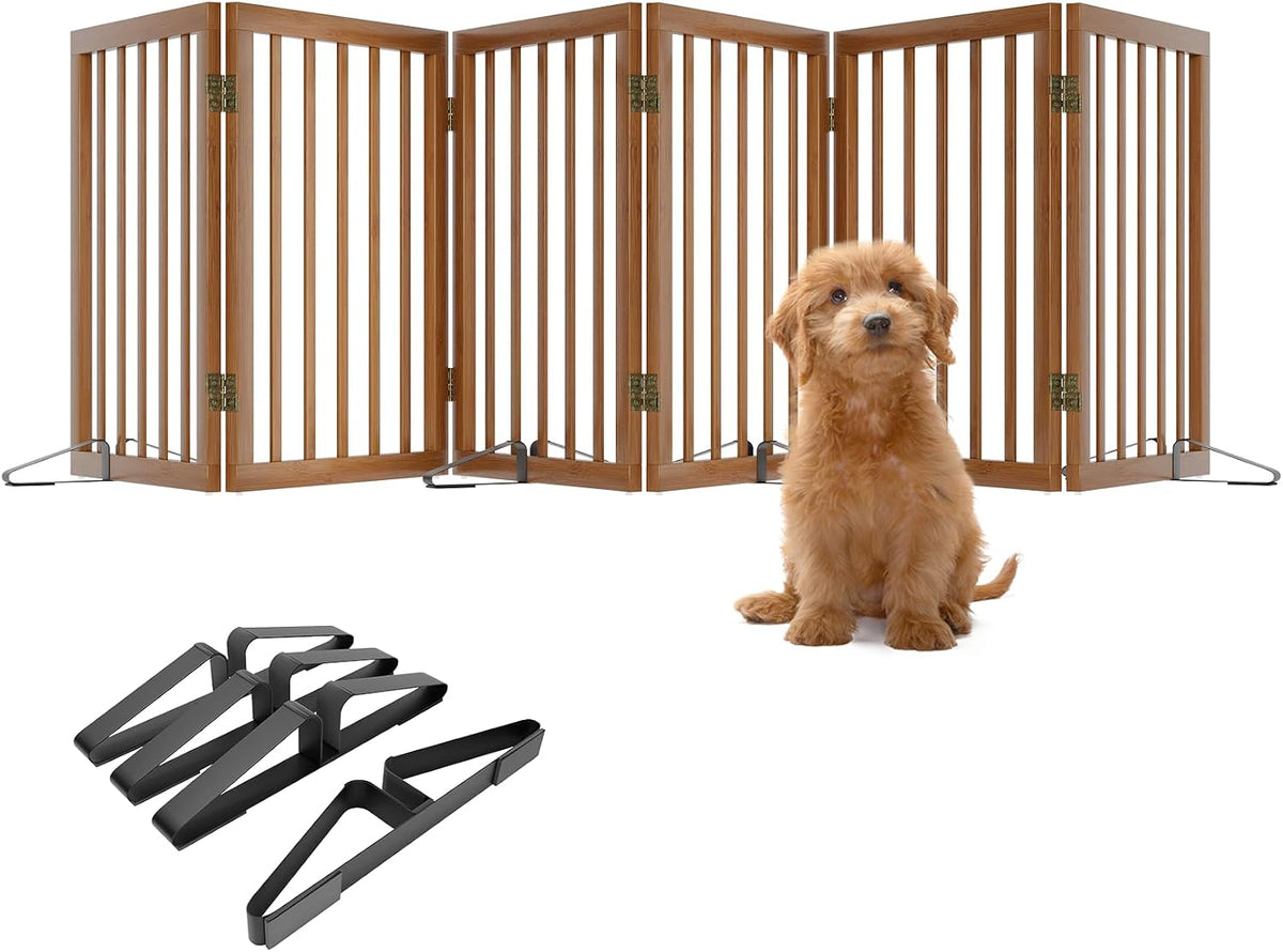 Wooden Dog Gate Freestanding Foldable 4 Panel Pet Gates Extra Wide Dog Gates for Indoor Doorways Stairs 24in Height Support Feet Included