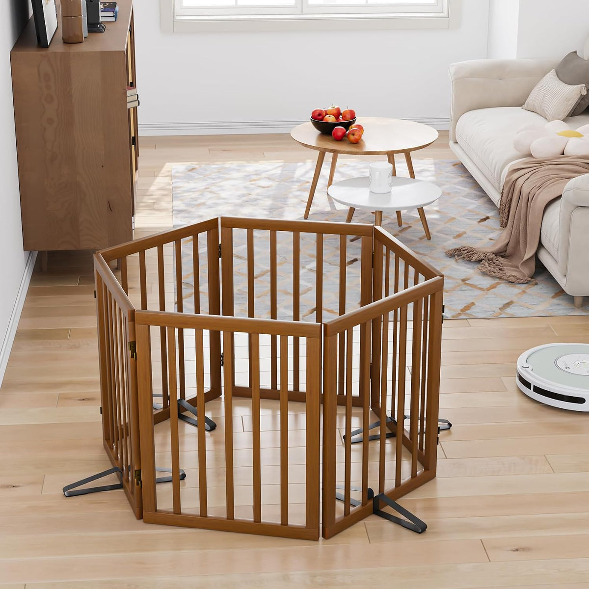 Wooden Dog Gate Freestanding Foldable 4 Panel Pet Gates Extra Wide Dog Gates for Indoor Doorways Stairs 24in Height Support Feet Included