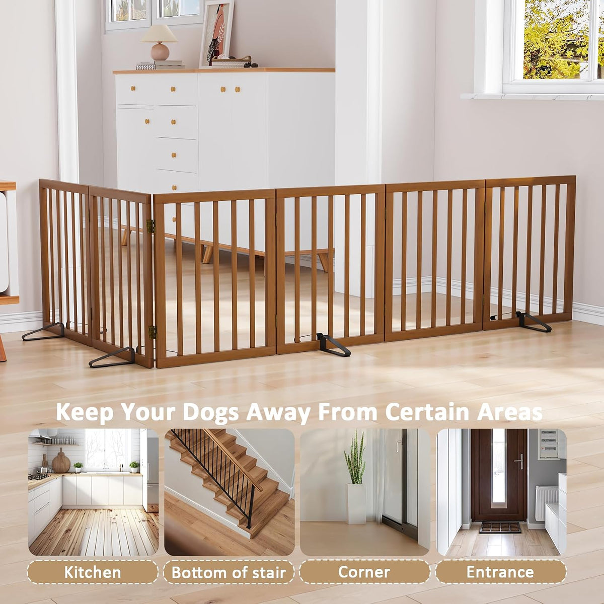 Wooden Dog Gate Freestanding Foldable 4 Panel Pet Gates Extra Wide Dog Gates for Indoor Doorways Stairs 24in Height Support Feet Included