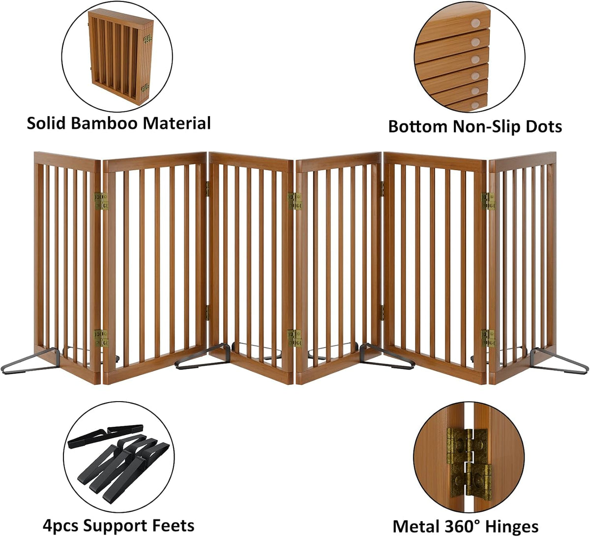 Wooden Dog Gate Freestanding Foldable 4 Panel Pet Gates Extra Wide Dog Gates for Indoor Doorways Stairs 24in Height Support Feet Included