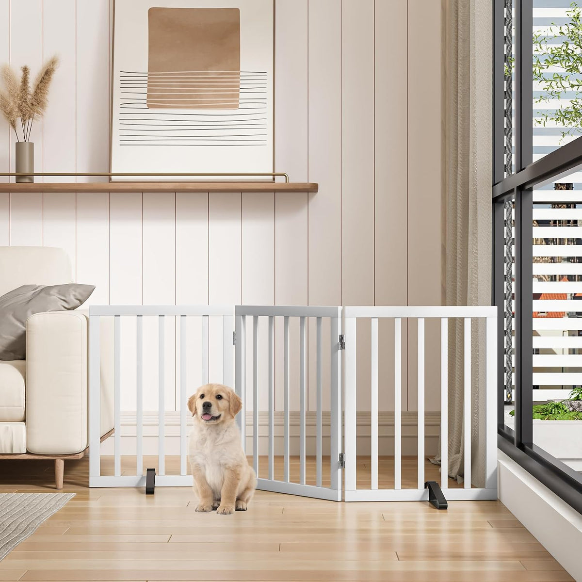 Wooden Dog Gate Freestanding Foldable 4 Panel Pet Gates Extra Wide Dog Gates for Indoor Doorways Stairs 24in Height Support Feet Included