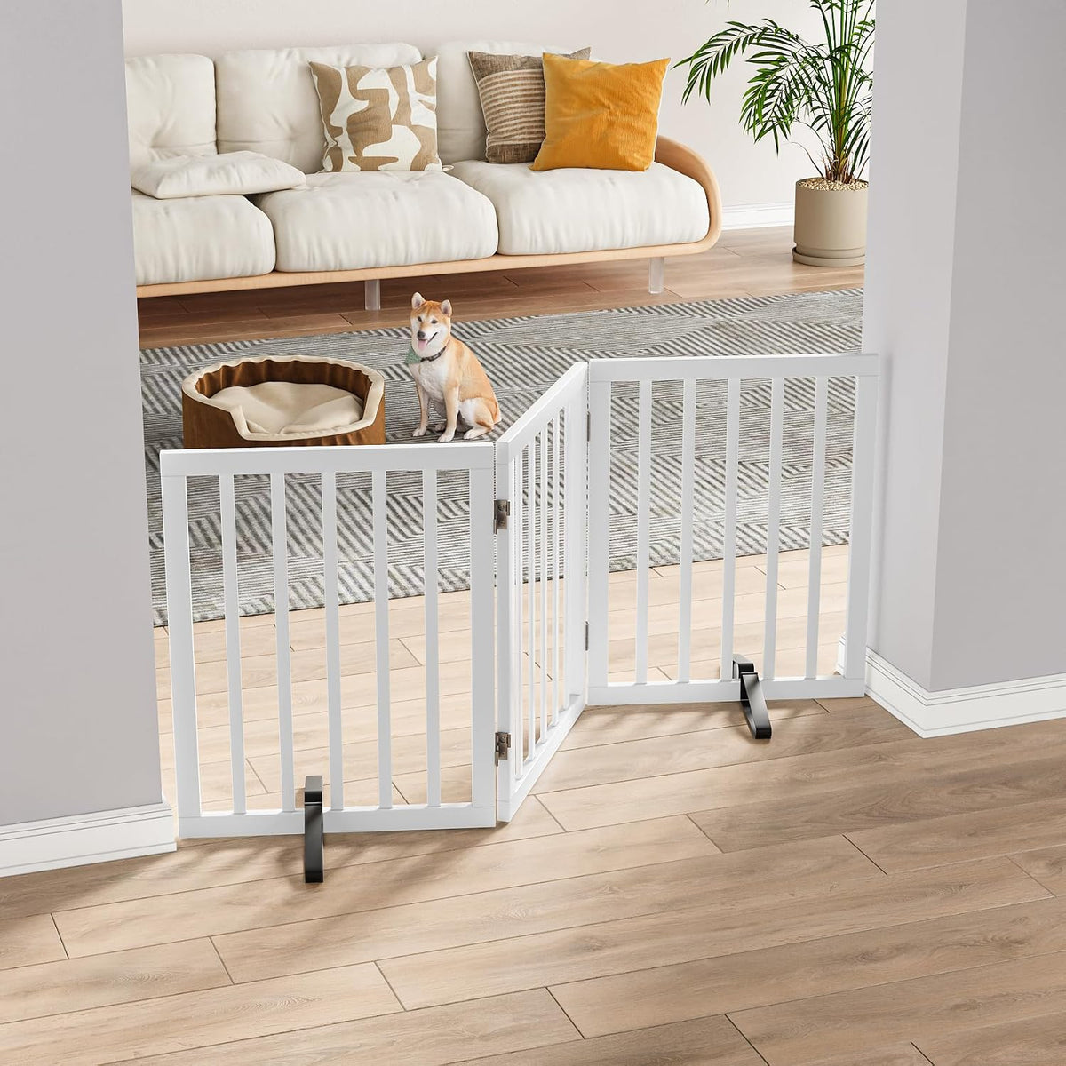 Wooden Dog Gate Freestanding Foldable 4 Panel Pet Gates Extra Wide Dog Gates for Indoor Doorways Stairs 24in Height Support Feet Included