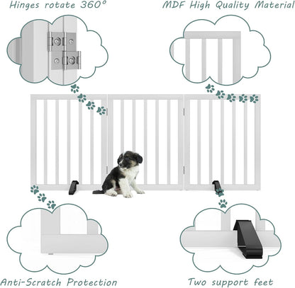 Wooden Dog Gate Freestanding Foldable 4 Panel Pet Gates Extra Wide Dog Gates for Indoor Doorways Stairs 24in Height Support Feet Included