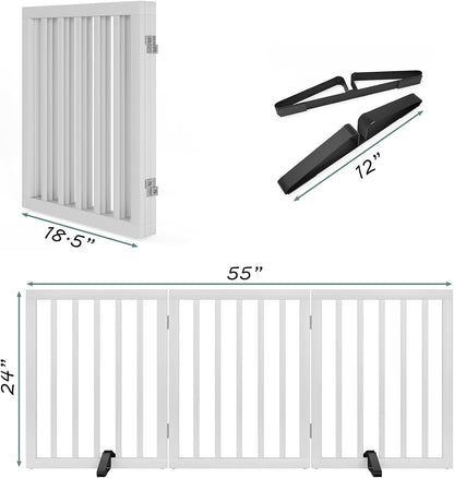 Wooden Dog Gate Freestanding Foldable 4 Panel Pet Gates Extra Wide Dog Gates for Indoor Doorways Stairs 24in Height Support Feet Included