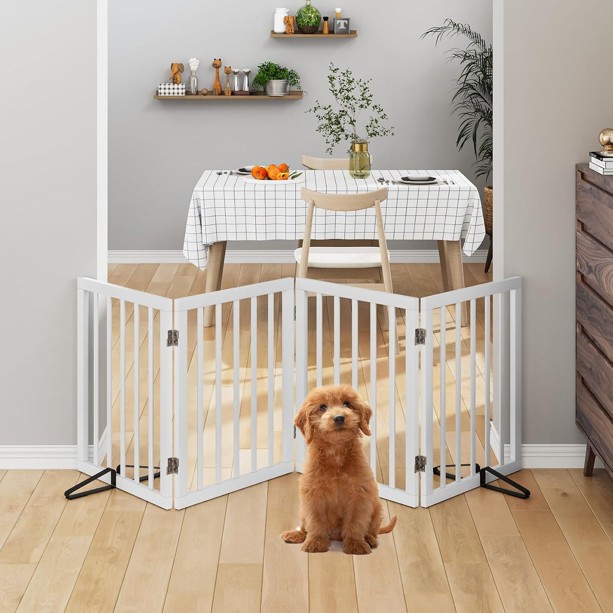 Wooden Dog Gate Freestanding Foldable 4 Panel Pet Gates Extra Wide Dog Gates for Indoor Doorways Stairs 24in Height Support Feet Included