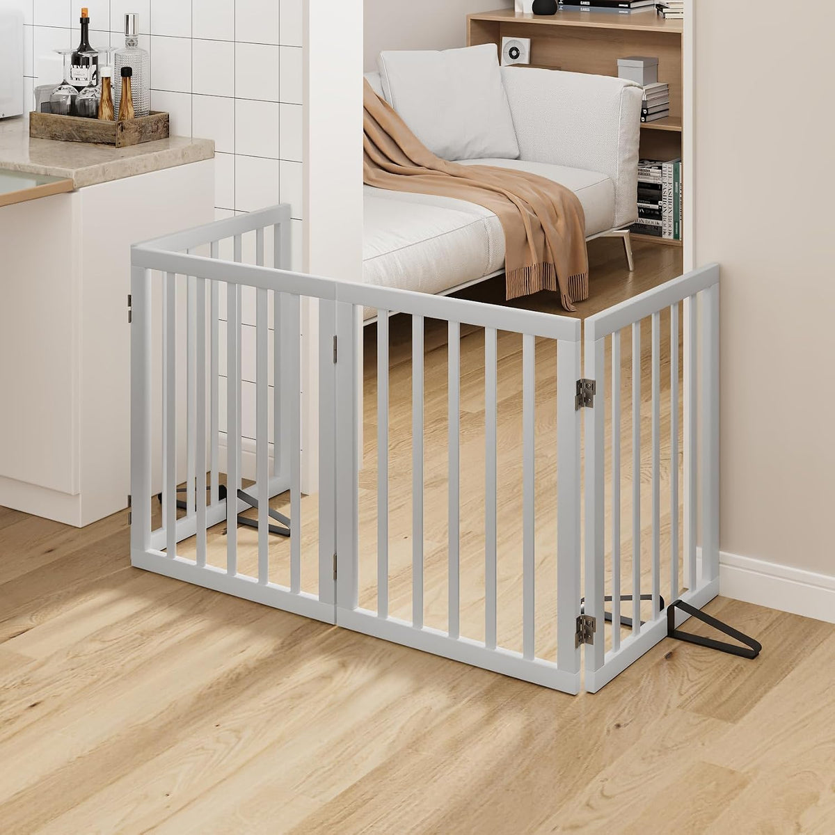 Wooden Dog Gate Freestanding Foldable 4 Panel Pet Gates Extra Wide Dog Gates for Indoor Doorways Stairs 24in Height Support Feet Included