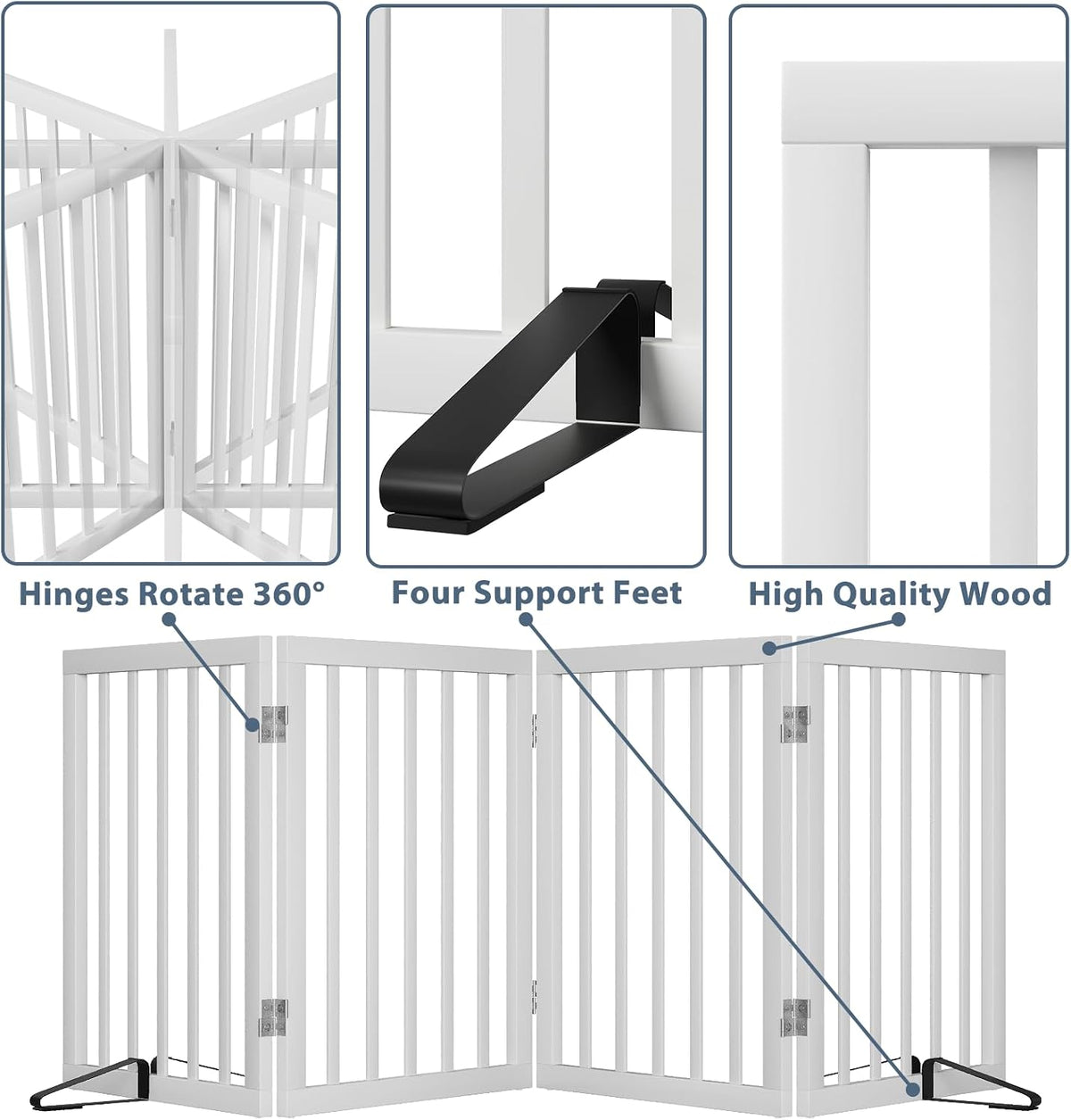 Wooden Dog Gate Freestanding Foldable 4 Panel Pet Gates Extra Wide Dog Gates for Indoor Doorways Stairs 24in Height Support Feet Included