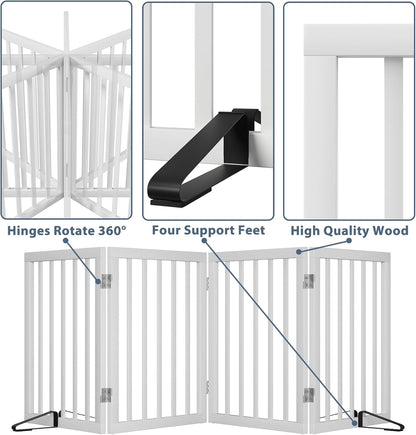 Wooden Dog Gate Freestanding Foldable 4 Panel Pet Gates Extra Wide Dog Gates for Indoor Doorways Stairs 24in Height Support Feet Included
