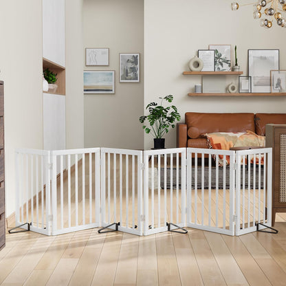 Wooden Dog Gate Freestanding Foldable 4 Panel Pet Gates Extra Wide Dog Gates for Indoor Doorways Stairs 24in Height Support Feet Included