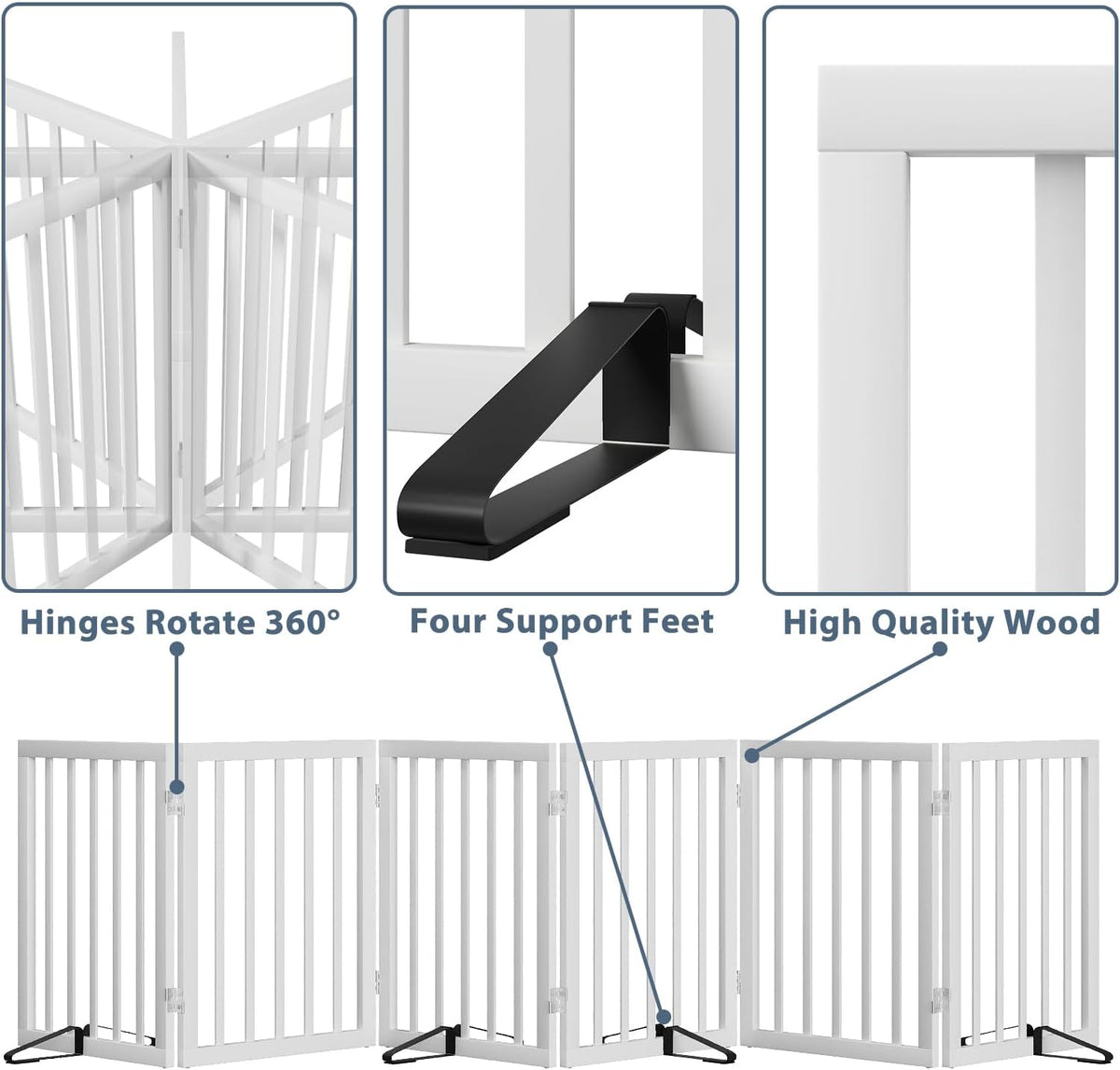 Wooden Dog Gate Freestanding Foldable 4 Panel Pet Gates Extra Wide Dog Gates for Indoor Doorways Stairs 24in Height Support Feet Included