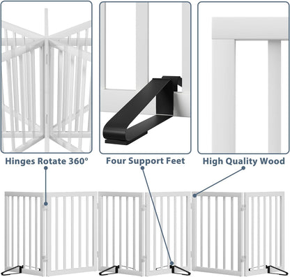 Wooden Dog Gate Freestanding Foldable 4 Panel Pet Gates Extra Wide Dog Gates for Indoor Doorways Stairs 24in Height Support Feet Included