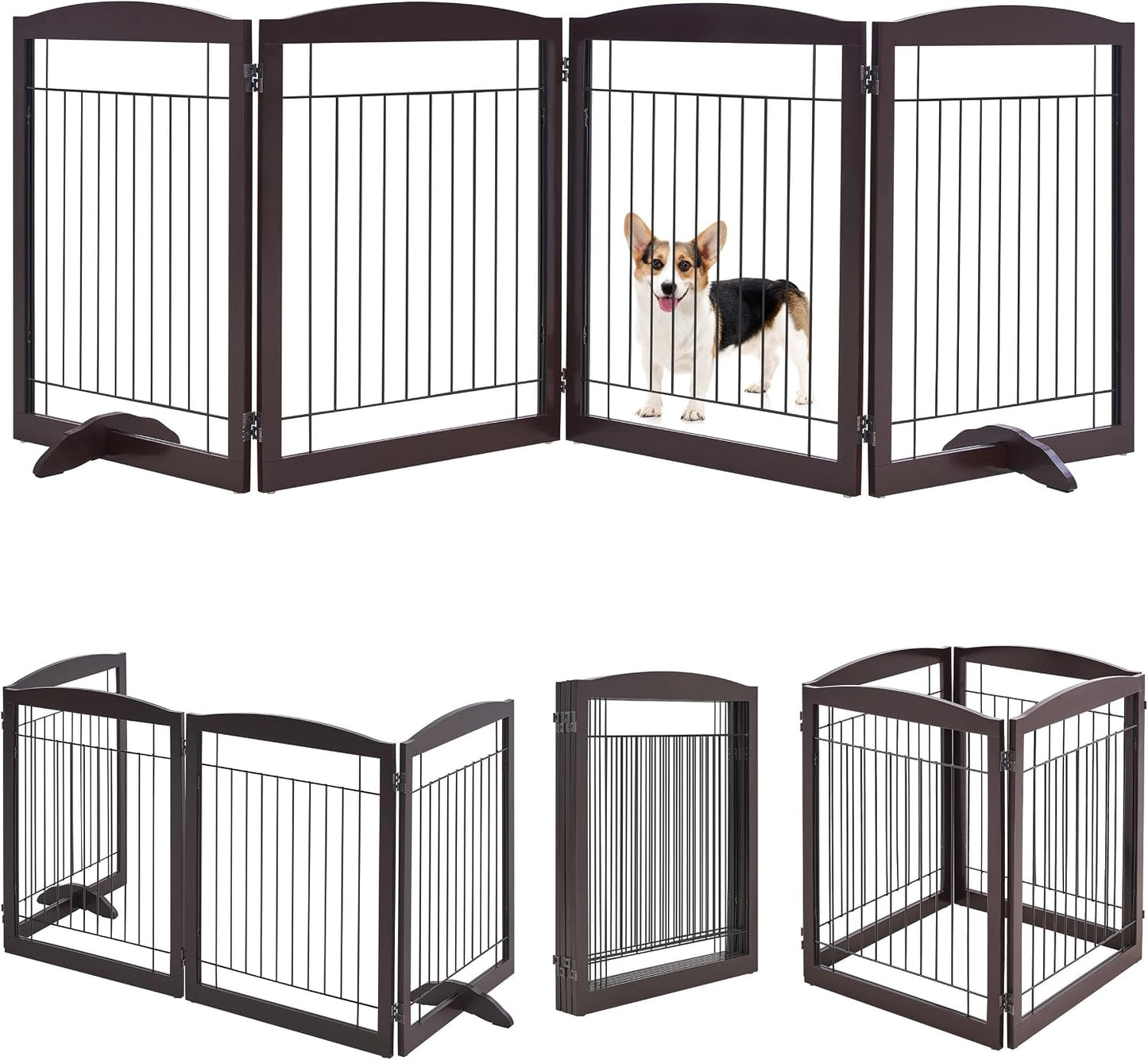 32-inch Tall Dog Gate Extra Wide Pet Gate for Dogs Indoor Foldable Wire & Wooden Puppy Safety Fence w/2 Support Feet,Freestanding Dog Gate for The House, Doorway, Stairs(White,4 Panels)
