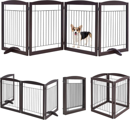 32-inch Tall Dog Gate Extra Wide Pet Gate for Dogs Indoor Foldable Wire & Wooden Puppy Safety Fence w/2 Support Feet,Freestanding Dog Gate for The House, Doorway, Stairs(White,4 Panels)