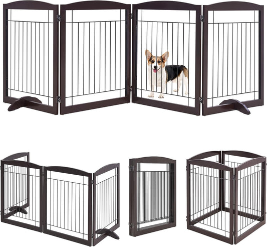 32-inch Tall Dog Gate Extra Wide Pet Gate for Dogs Indoor Foldable Wire & Wooden Puppy Safety Fence w/2 Support Feet,Freestanding Dog Gate for The House, Doorway, Stairs(White,4 Panels)
