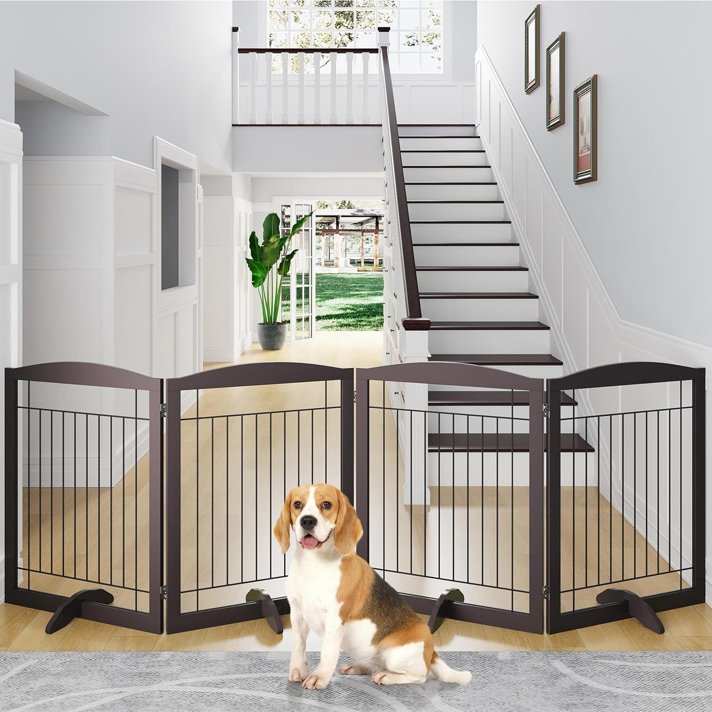 32-inch Tall Dog Gate Extra Wide Pet Gate for Dogs Indoor Foldable Wire & Wooden Puppy Safety Fence w/2 Support Feet,Freestanding Dog Gate for The House, Doorway, Stairs(White,4 Panels)