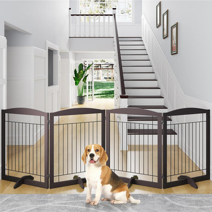32-inch Tall Dog Gate Extra Wide Pet Gate for Dogs Indoor Foldable Wire & Wooden Puppy Safety Fence w/2 Support Feet,Freestanding Dog Gate for The House, Doorway, Stairs(White,4 Panels)