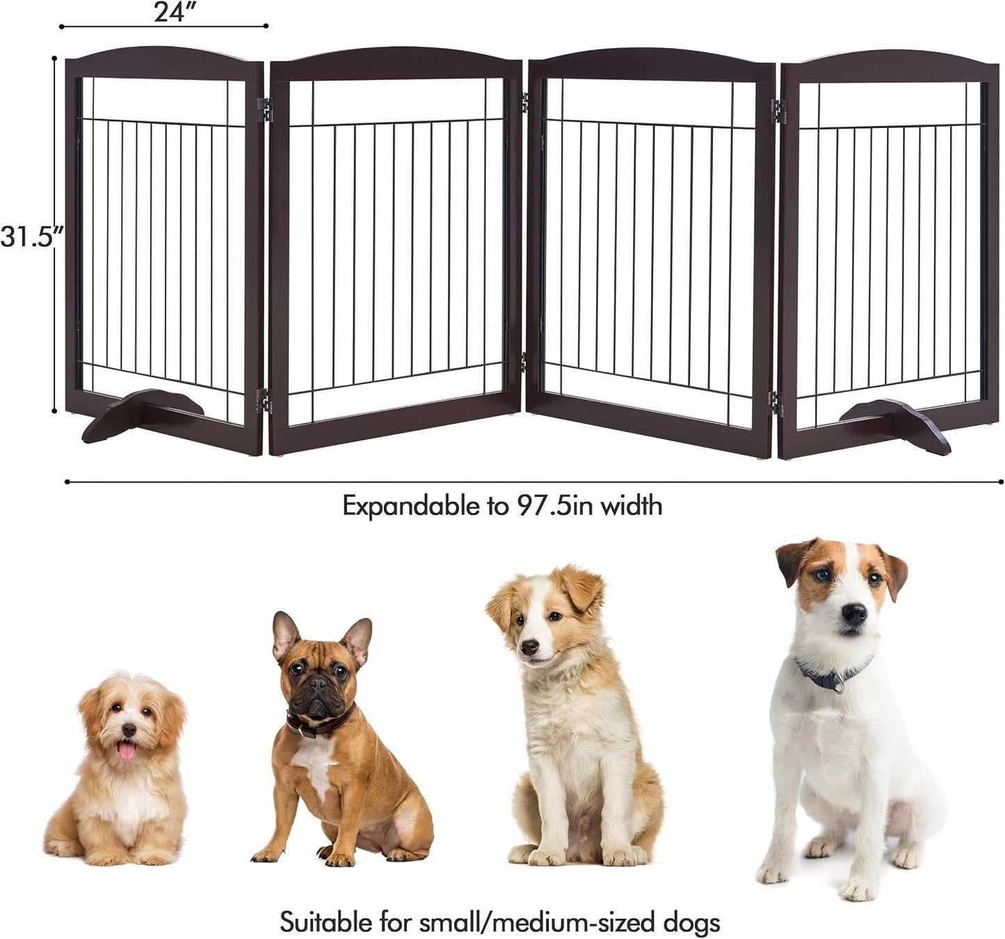 32-inch Tall Dog Gate Extra Wide Pet Gate for Dogs Indoor Foldable Wire & Wooden Puppy Safety Fence w/2 Support Feet,Freestanding Dog Gate for The House, Doorway, Stairs(White,4 Panels)