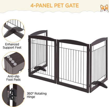 32-inch Tall Dog Gate Extra Wide Pet Gate for Dogs Indoor Foldable Wire & Wooden Puppy Safety Fence w/2 Support Feet,Freestanding Dog Gate for The House, Doorway, Stairs(White,4 Panels)