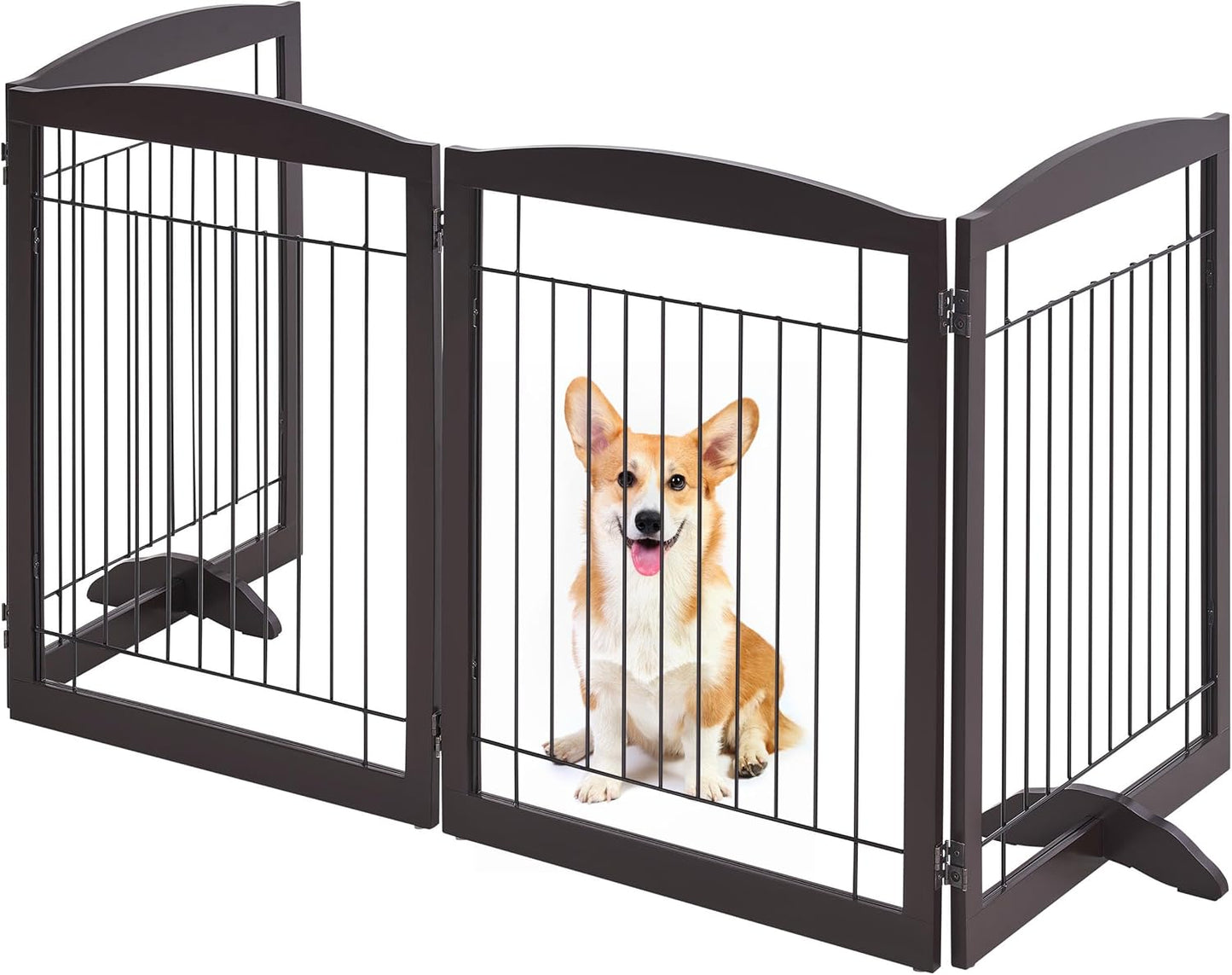 32-inch Tall Dog Gate Extra Wide Pet Gate for Dogs Indoor Foldable Wire & Wooden Puppy Safety Fence w/2 Support Feet,Freestanding Dog Gate for The House, Doorway, Stairs(White,4 Panels)