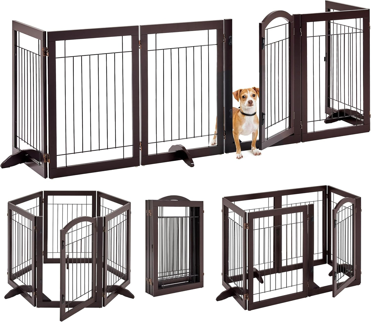 32-inch Tall Dog Gate Extra Wide Pet Gate for Dogs Indoor Foldable Wire & Wooden Puppy Safety Fence w/2 Support Feet,Freestanding Dog Gate for The House, Doorway, Stairs(White,4 Panels)