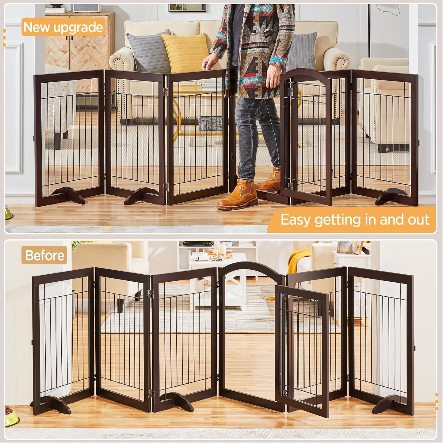 32-inch Tall Dog Gate Extra Wide Pet Gate for Dogs Indoor Foldable Wire & Wooden Puppy Safety Fence w/2 Support Feet,Freestanding Dog Gate for The House, Doorway, Stairs(White,4 Panels)