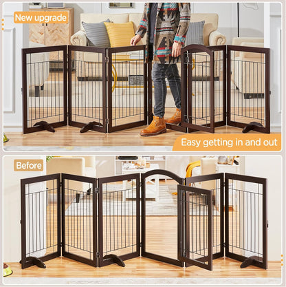 32-inch Tall Dog Gate Extra Wide Pet Gate for Dogs Indoor Foldable Wire & Wooden Puppy Safety Fence w/2 Support Feet,Freestanding Dog Gate for The House, Doorway, Stairs(White,4 Panels)