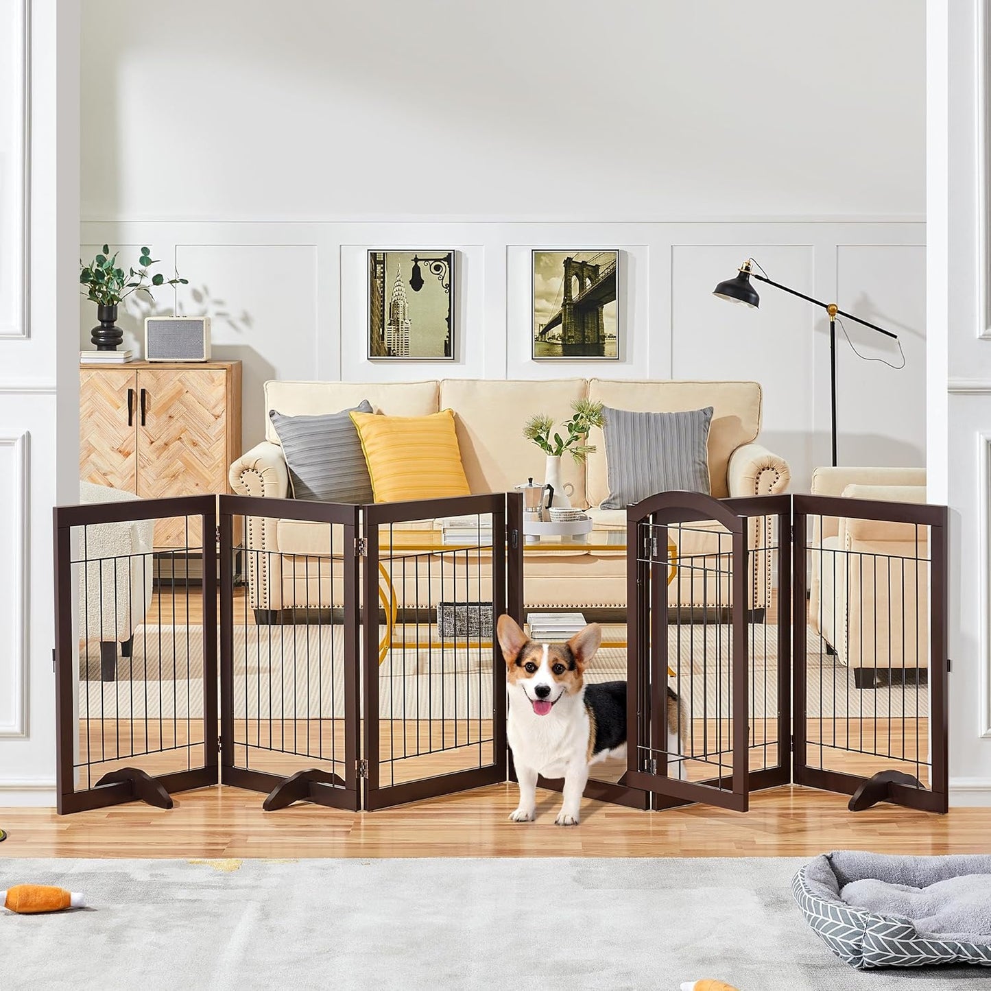 32-inch Tall Dog Gate Extra Wide Pet Gate for Dogs Indoor Foldable Wire & Wooden Puppy Safety Fence w/2 Support Feet,Freestanding Dog Gate for The House, Doorway, Stairs(White,4 Panels)