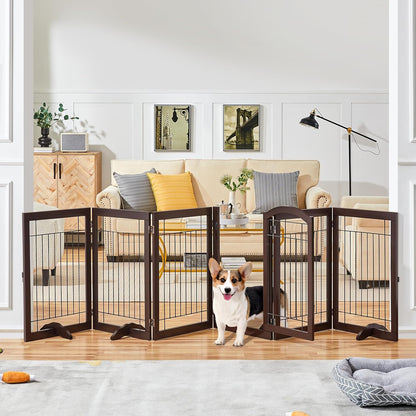 32-inch Tall Dog Gate Extra Wide Pet Gate for Dogs Indoor Foldable Wire & Wooden Puppy Safety Fence w/2 Support Feet,Freestanding Dog Gate for The House, Doorway, Stairs(White,4 Panels)
