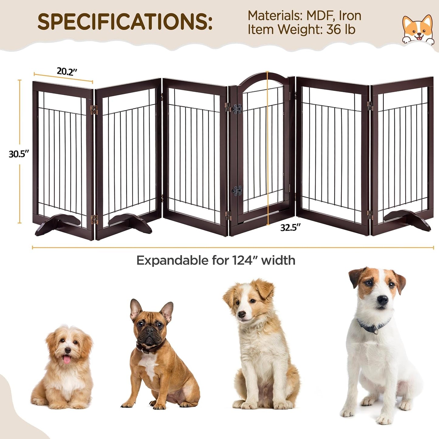 32-inch Tall Dog Gate Extra Wide Pet Gate for Dogs Indoor Foldable Wire & Wooden Puppy Safety Fence w/2 Support Feet,Freestanding Dog Gate for The House, Doorway, Stairs(White,4 Panels)