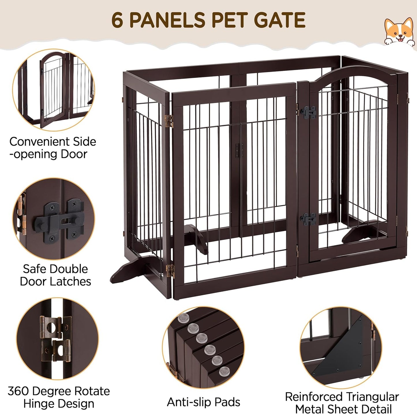 32-inch Tall Dog Gate Extra Wide Pet Gate for Dogs Indoor Foldable Wire & Wooden Puppy Safety Fence w/2 Support Feet,Freestanding Dog Gate for The House, Doorway, Stairs(White,4 Panels)