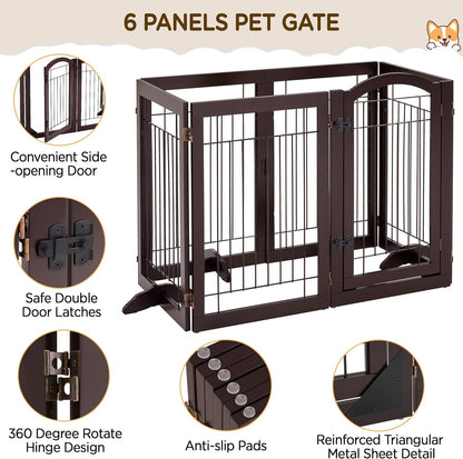 32-inch Tall Dog Gate Extra Wide Pet Gate for Dogs Indoor Foldable Wire & Wooden Puppy Safety Fence w/2 Support Feet,Freestanding Dog Gate for The House, Doorway, Stairs(White,4 Panels)
