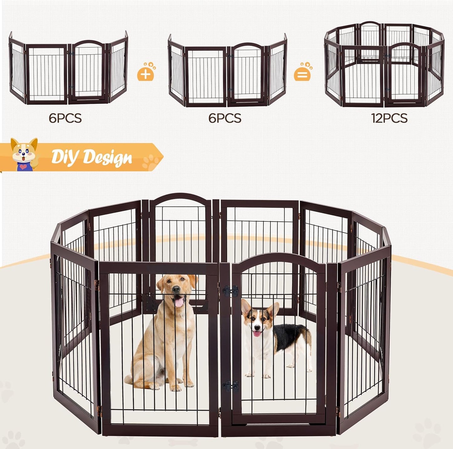 32-inch Tall Dog Gate Extra Wide Pet Gate for Dogs Indoor Foldable Wire & Wooden Puppy Safety Fence w/2 Support Feet,Freestanding Dog Gate for The House, Doorway, Stairs(White,4 Panels)