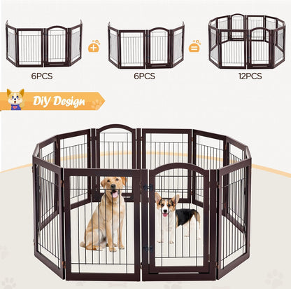 32-inch Tall Dog Gate Extra Wide Pet Gate for Dogs Indoor Foldable Wire & Wooden Puppy Safety Fence w/2 Support Feet,Freestanding Dog Gate for The House, Doorway, Stairs(White,4 Panels)