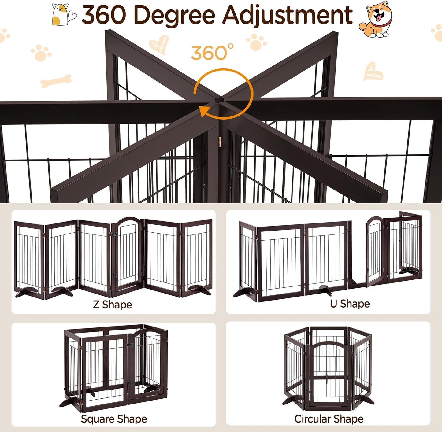 32-inch Tall Dog Gate Extra Wide Pet Gate for Dogs Indoor Foldable Wire & Wooden Puppy Safety Fence w/2 Support Feet,Freestanding Dog Gate for The House, Doorway, Stairs(White,4 Panels)