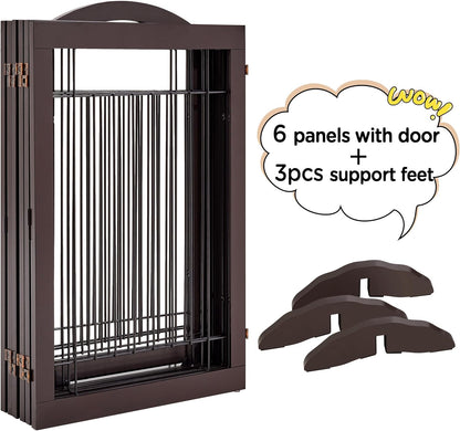 32-inch Tall Dog Gate Extra Wide Pet Gate for Dogs Indoor Foldable Wire & Wooden Puppy Safety Fence w/2 Support Feet,Freestanding Dog Gate for The House, Doorway, Stairs(White,4 Panels)