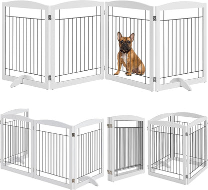 32-inch Tall Dog Gate Extra Wide Pet Gate for Dogs Indoor Foldable Wire & Wooden Puppy Safety Fence w/2 Support Feet,Freestanding Dog Gate for The House, Doorway, Stairs(White,4 Panels)