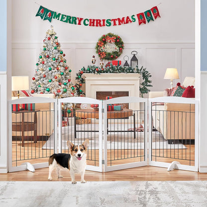 32-inch Tall Dog Gate Extra Wide Pet Gate for Dogs Indoor Foldable Wire & Wooden Puppy Safety Fence w/2 Support Feet,Freestanding Dog Gate for The House, Doorway, Stairs(White,4 Panels)