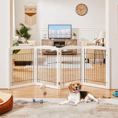 32-inch Tall Dog Gate Extra Wide Pet Gate for Dogs Indoor Foldable Wire & Wooden Puppy Safety Fence w/2 Support Feet,Freestanding Dog Gate for The House, Doorway, Stairs(White,4 Panels)