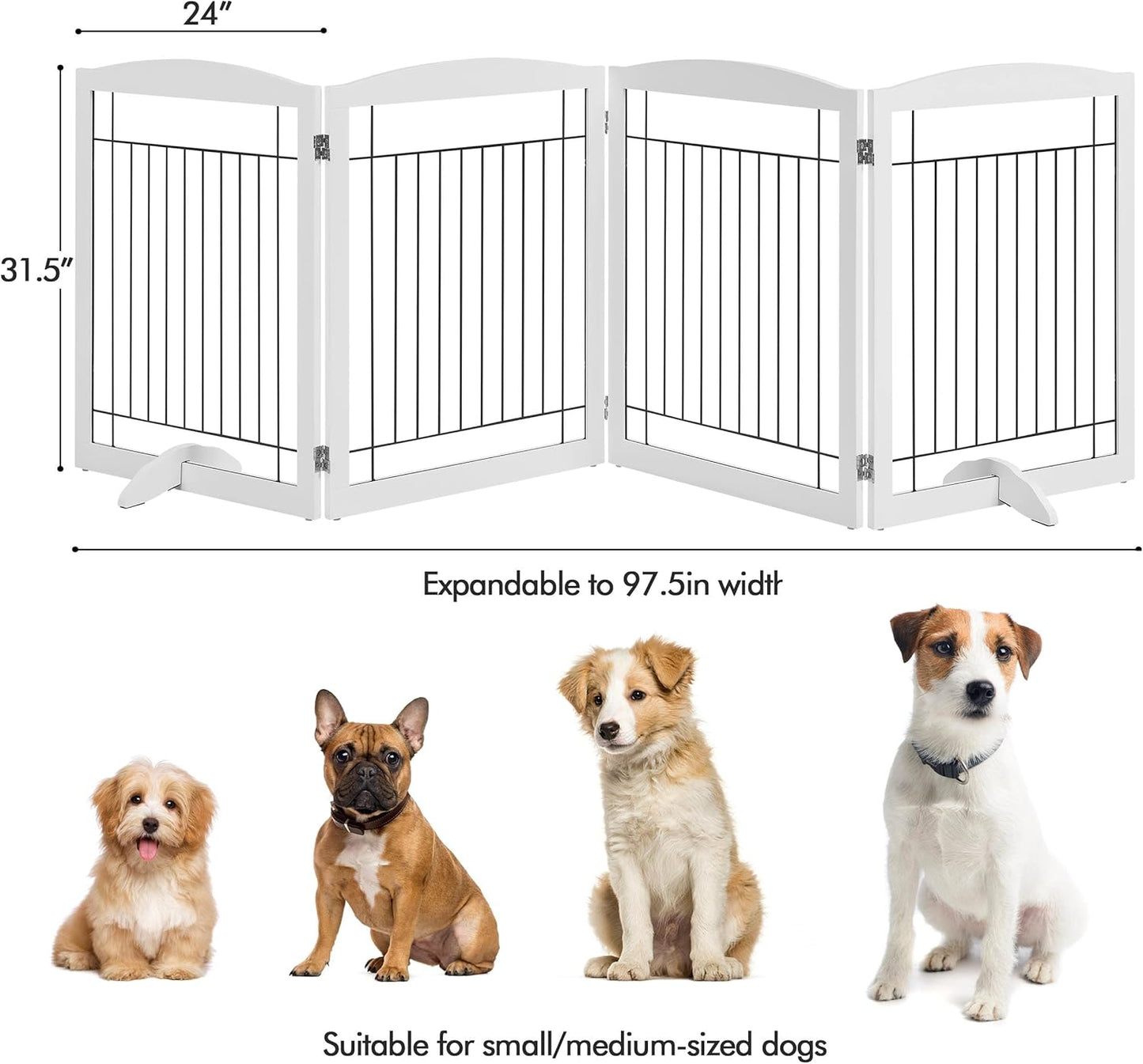 32-inch Tall Dog Gate Extra Wide Pet Gate for Dogs Indoor Foldable Wire & Wooden Puppy Safety Fence w/2 Support Feet,Freestanding Dog Gate for The House, Doorway, Stairs(White,4 Panels)