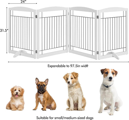 32-inch Tall Dog Gate Extra Wide Pet Gate for Dogs Indoor Foldable Wire & Wooden Puppy Safety Fence w/2 Support Feet,Freestanding Dog Gate for The House, Doorway, Stairs(White,4 Panels)