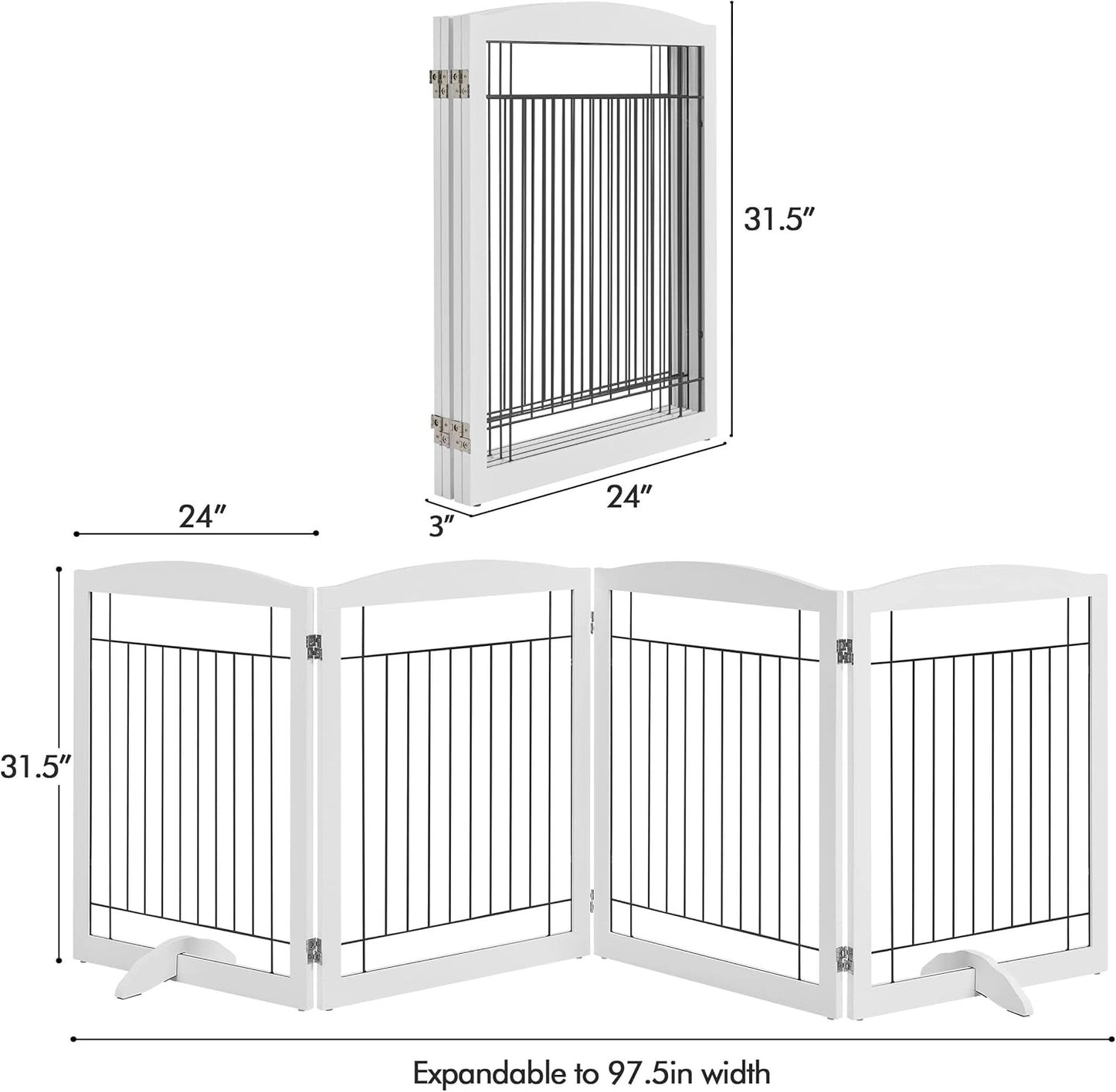 32-inch Tall Dog Gate Extra Wide Pet Gate for Dogs Indoor Foldable Wire & Wooden Puppy Safety Fence w/2 Support Feet,Freestanding Dog Gate for The House, Doorway, Stairs(White,4 Panels)