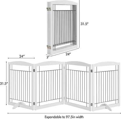 32-inch Tall Dog Gate Extra Wide Pet Gate for Dogs Indoor Foldable Wire & Wooden Puppy Safety Fence w/2 Support Feet,Freestanding Dog Gate for The House, Doorway, Stairs(White,4 Panels)