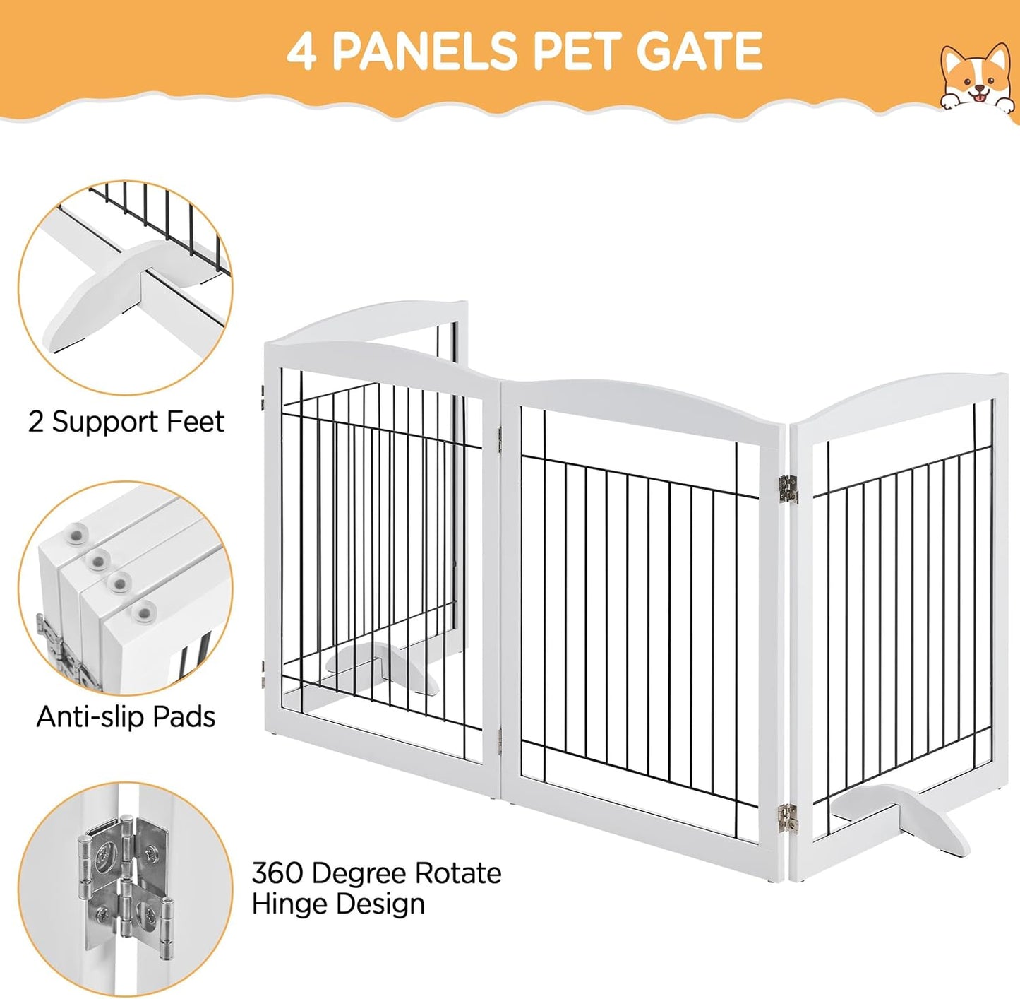 32-inch Tall Dog Gate Extra Wide Pet Gate for Dogs Indoor Foldable Wire & Wooden Puppy Safety Fence w/2 Support Feet,Freestanding Dog Gate for The House, Doorway, Stairs(White,4 Panels)
