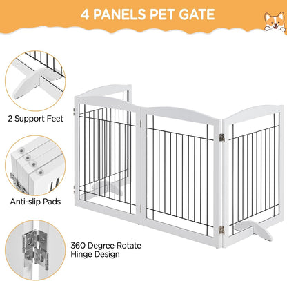 32-inch Tall Dog Gate Extra Wide Pet Gate for Dogs Indoor Foldable Wire & Wooden Puppy Safety Fence w/2 Support Feet,Freestanding Dog Gate for The House, Doorway, Stairs(White,4 Panels)