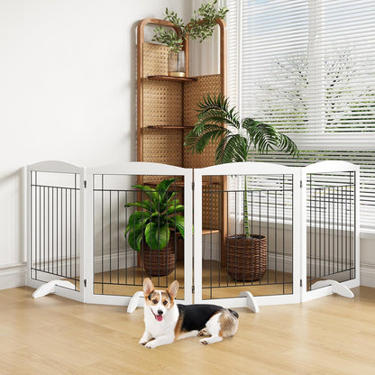 32-inch Tall Dog Gate Extra Wide Pet Gate for Dogs Indoor Foldable Wire & Wooden Puppy Safety Fence w/2 Support Feet,Freestanding Dog Gate for The House, Doorway, Stairs(White,4 Panels)