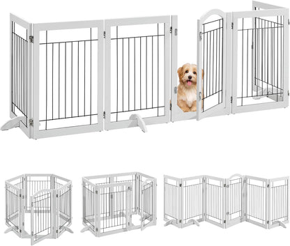 32-inch Tall Dog Gate Extra Wide Pet Gate for Dogs Indoor Foldable Wire & Wooden Puppy Safety Fence w/2 Support Feet,Freestanding Dog Gate for The House, Doorway, Stairs(White,4 Panels)