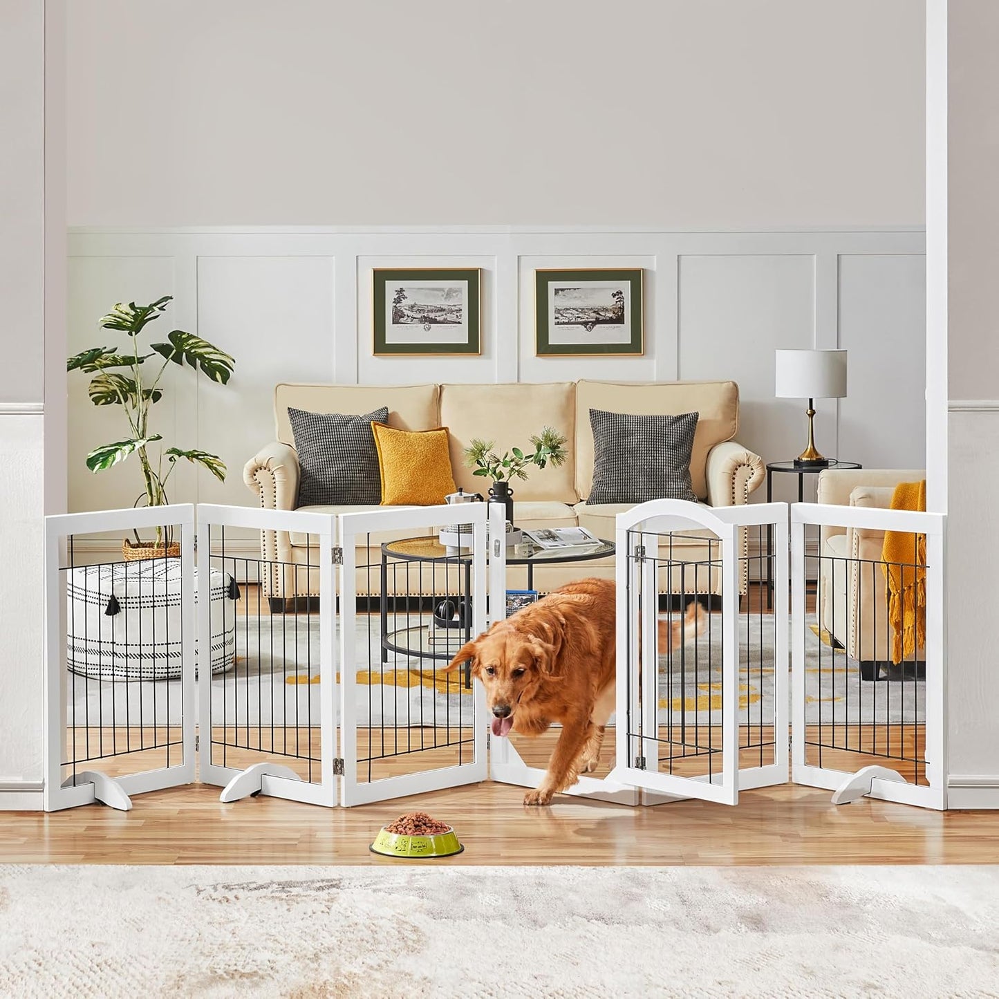 32-inch Tall Dog Gate Extra Wide Pet Gate for Dogs Indoor Foldable Wire & Wooden Puppy Safety Fence w/2 Support Feet,Freestanding Dog Gate for The House, Doorway, Stairs(White,4 Panels)