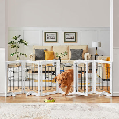 32-inch Tall Dog Gate Extra Wide Pet Gate for Dogs Indoor Foldable Wire & Wooden Puppy Safety Fence w/2 Support Feet,Freestanding Dog Gate for The House, Doorway, Stairs(White,4 Panels)